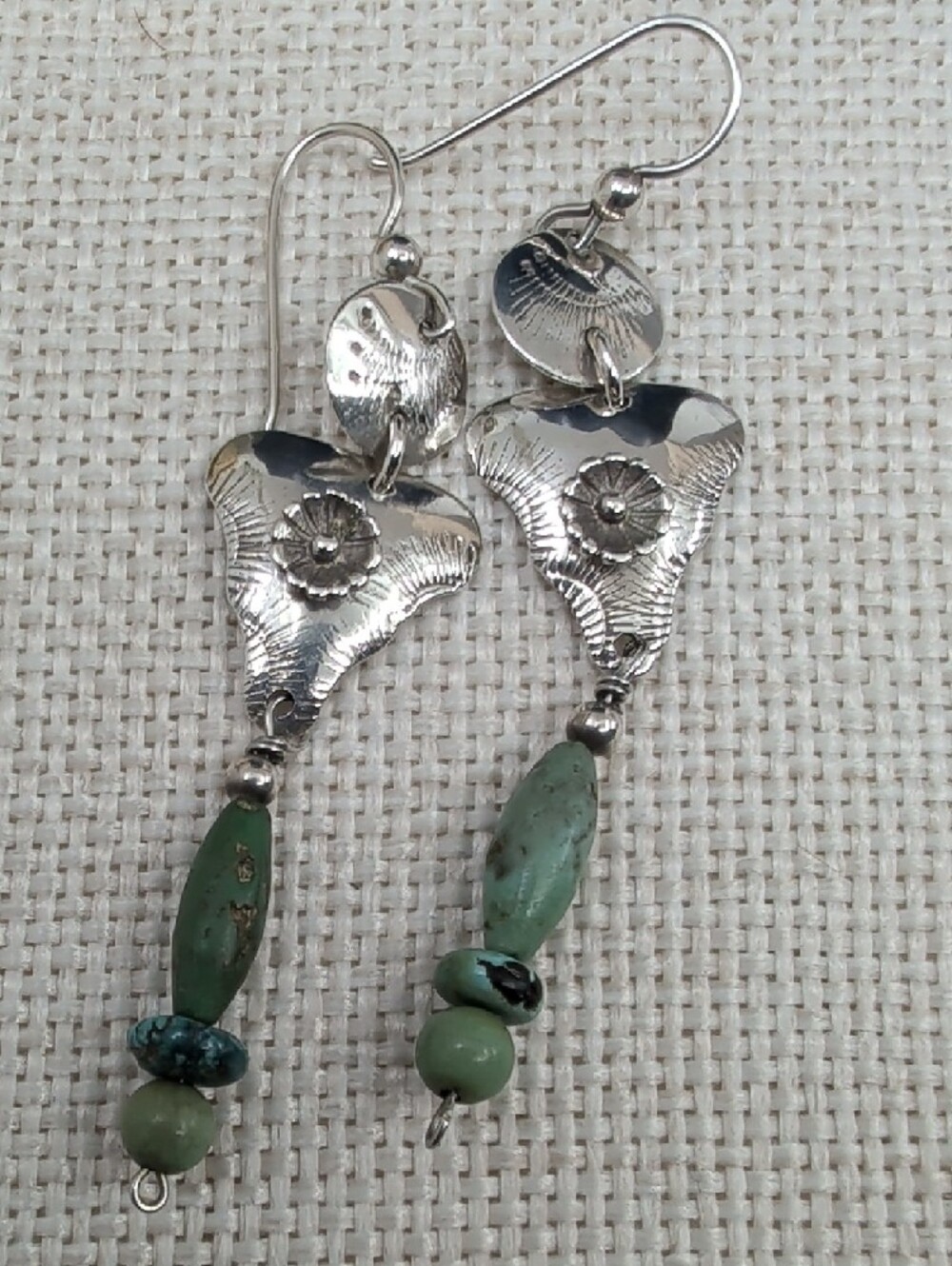 Vintage Real 925 Sterling Silver Turquoise Floral Dangle Earrings Southwest
